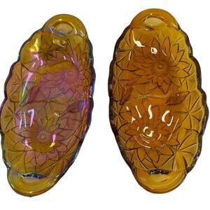 Vintage Indiana Glass Sunflower Carnival Glass Amber Handled 2 Relish Tray Set